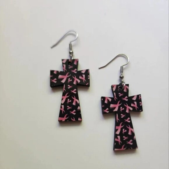 Pink Ribbon Wood Earrings - Picture 1 of 5